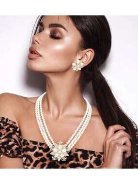 Tigerstars Cream Rhinestone Paved Flower Bloom Pearl Triple Strand Necklace